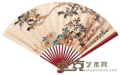 马万里 俞逸 金菊银桂图 成扇 